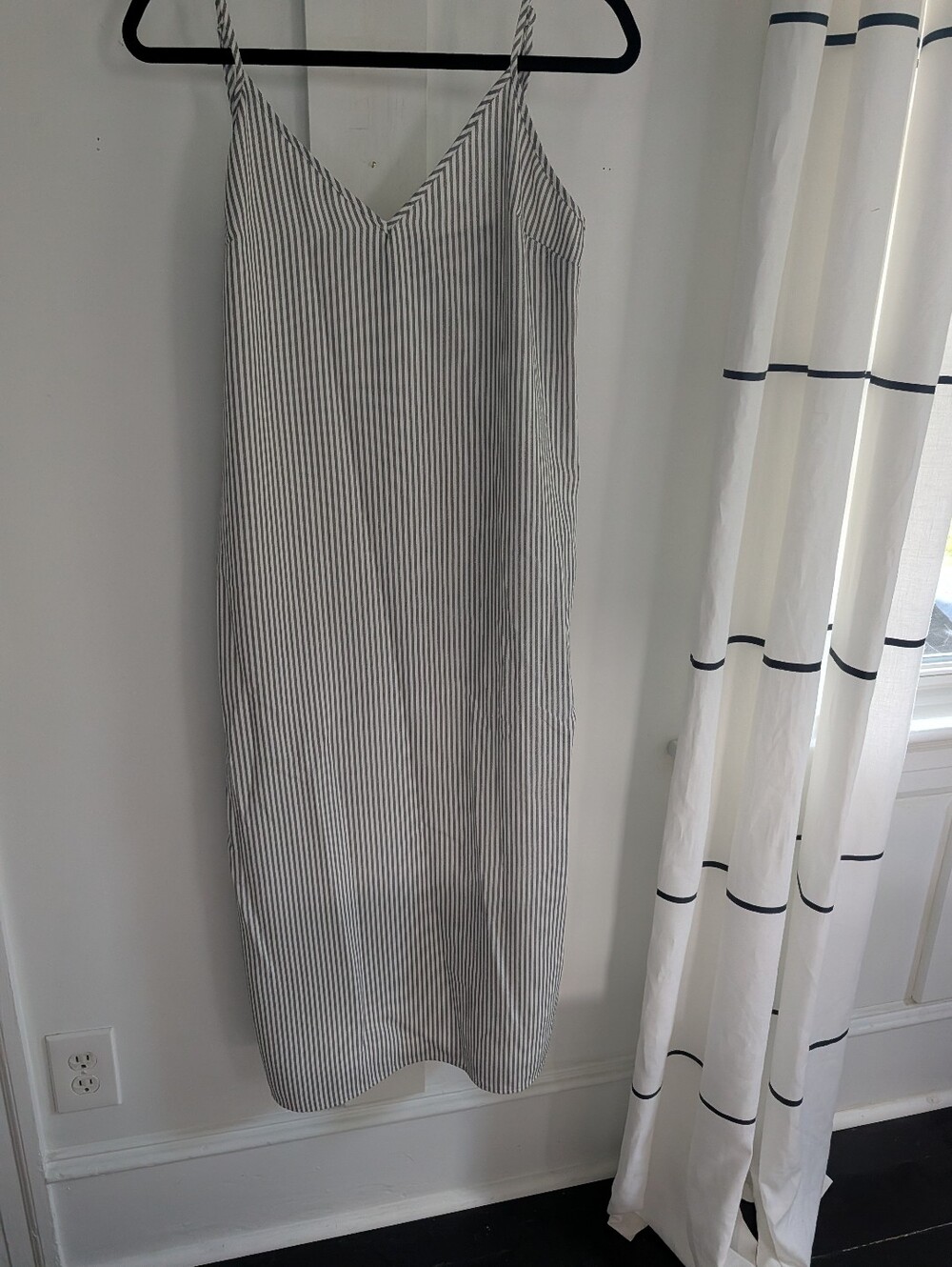 A New Day Gray Ticking Stripe Slip Dress Size M Adjustable Straps Side Slit